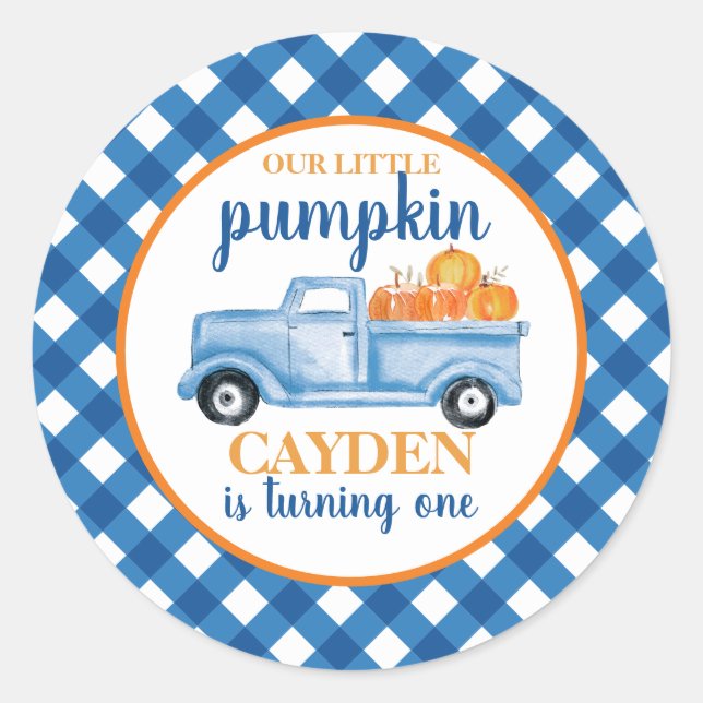 Sticker Rond Notre petit camion bleu Citrouille plaid 1er anniv (Devant)