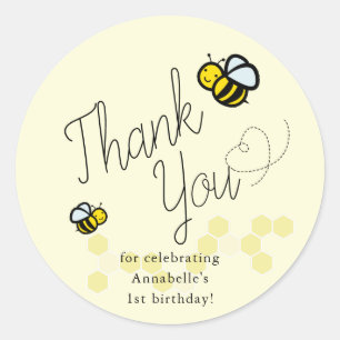 Sticker Rond Notre petit singe abeille jaune Merci d'anniversai