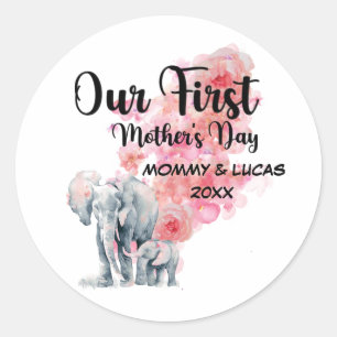 Sticker Rond Notre Première Fête des Mères Maman et Eléphants B