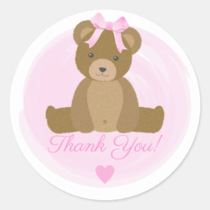 Sticker Rond Nounours Arc Rose Mignon Remerciement Baby Shower