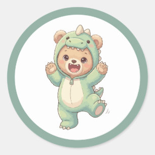 Sticker Rond Nounours Dinosaure Mignon Kawaii en Costume de Din