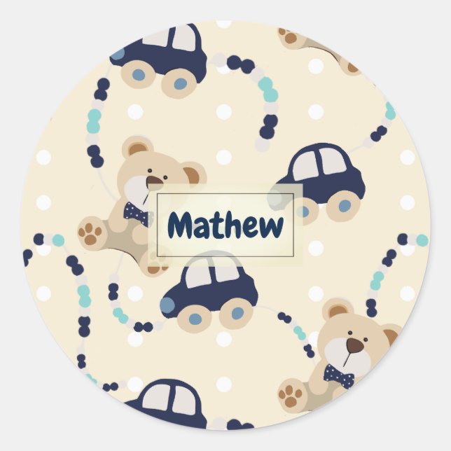 Sticker Rond Nounours et voitures Baby Boy Motif (Devant)