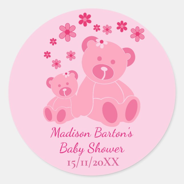 Sticker Rond Nounours rose mignon Baby shower fille (Devant)