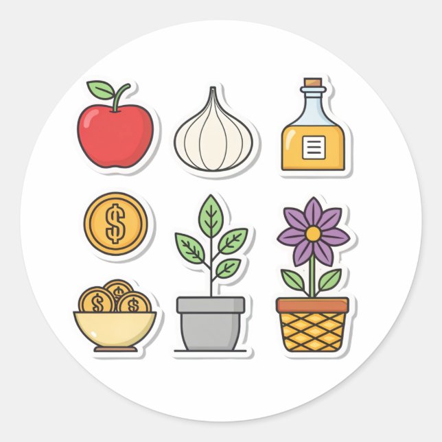 Sticker Rond Nourriture, Plantes et richesse - Pack d'icônes ve (Devant)