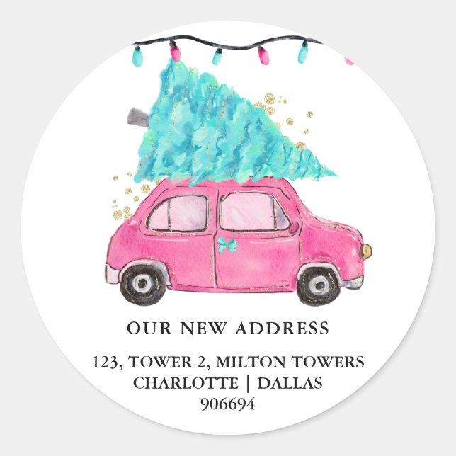 Sticker Rond Nous Avons Déménagé | Arbre de voiture rose | Nouv (Devant)