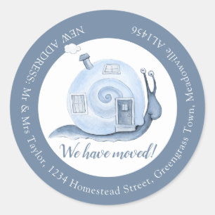 Sticker Rond Nous avons déménagé escargots bleu changement d'ad