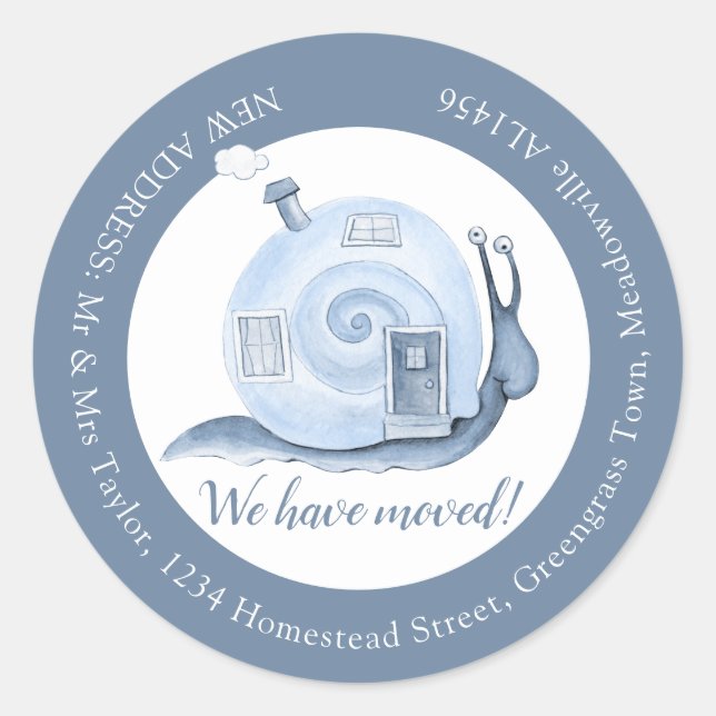 Sticker Rond Nous avons déménagé escargots bleu changement d'ad (Devant)
