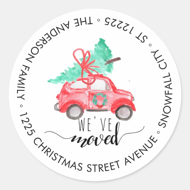 Sticker Rond Nous avons déménagé Noël Arbre de Voitures Adresse (Devant)