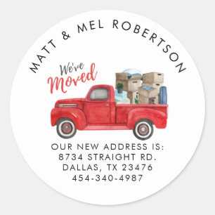 Sticker Rond Nous avons déménagé Watercolor Vintage Camion roug