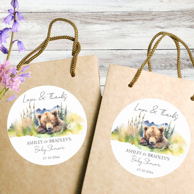Sticker Rond Nous pouvons attendre baby shower merci faveurs (We can bearly wait baby shower thank you favors stickers cute bear cub favor stickers woodlands)