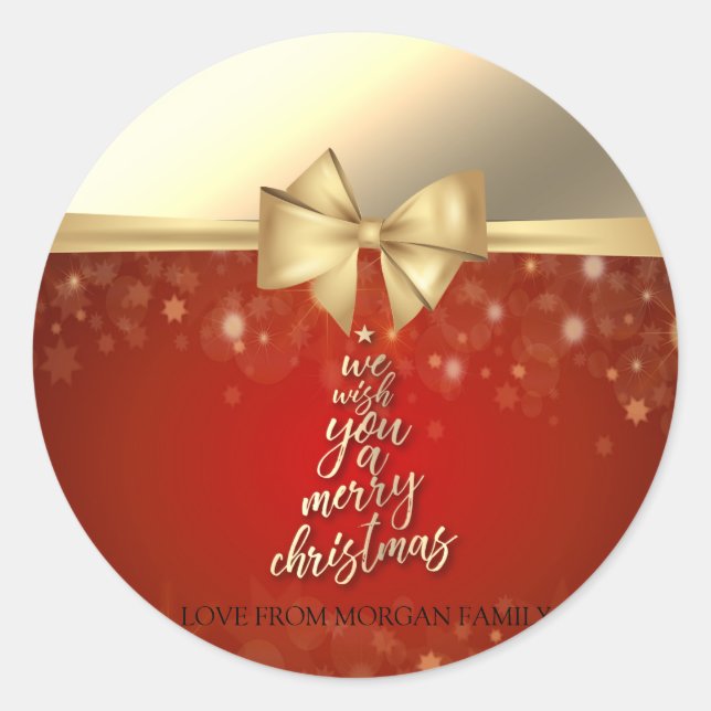 Sticker Rond Nous Vous Souhaitons Un Joyeux Noël, Faux Gold Bow (Devant)