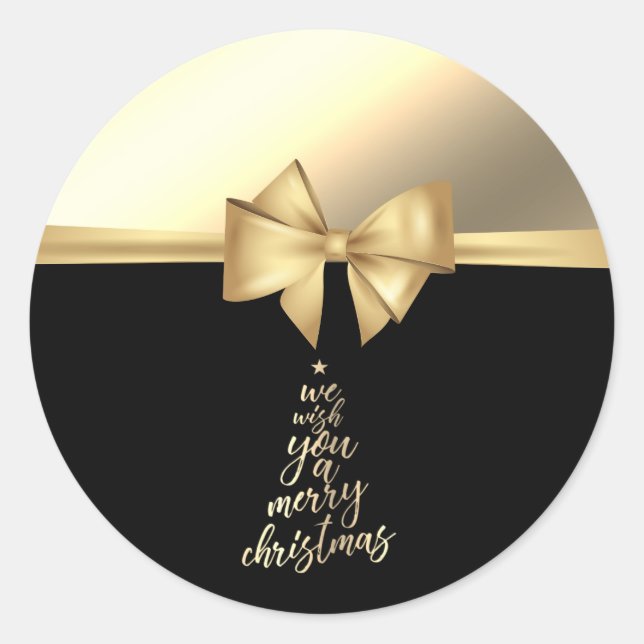 Sticker Rond Nous Vous Souhaitons Un Joyeux Noël, Faux Gold Bow (Devant)