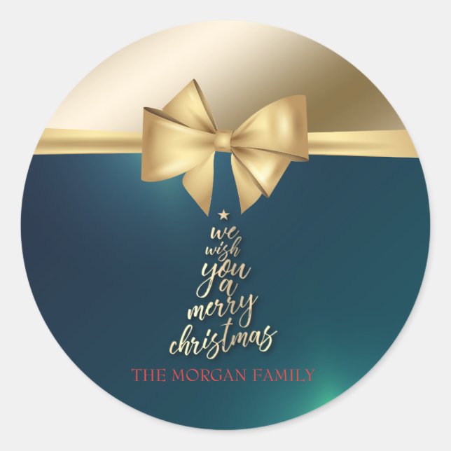 Sticker Rond Nous Vous Souhaitons Un Joyeux Noël Gold Bow Green (Devant)