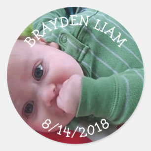 Sticker Rond Nouveau bébé photo, nom Date de naissance Garçon F