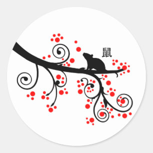 Sticker Rond Nouvel An chinois 2020 Rat et Arbre à fleurs rouge