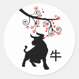 Sticker Rond Nouvel An chinois 2021 Ox et fleurs rouges
