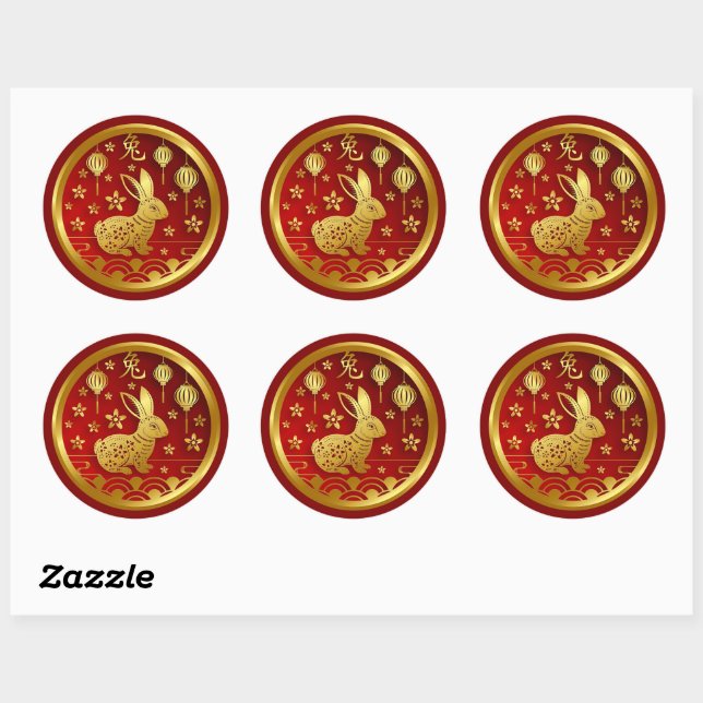 Sticker Rond Nouvel An Chinois 2023 Lapin Rouge Or Grand 3" (Feuille)