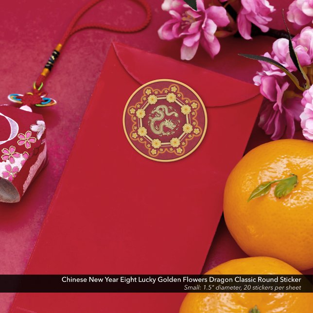Sticker Rond Nouvel An Chinois Huit Fleurs D'Or Lucky Dragon (Chinese New Year Eight Lucky Golden Flowers Dragon Classic Round Sticker)