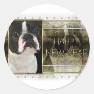 Sticker Rond Nouvel An - Golden Elegance - Boston Terrier