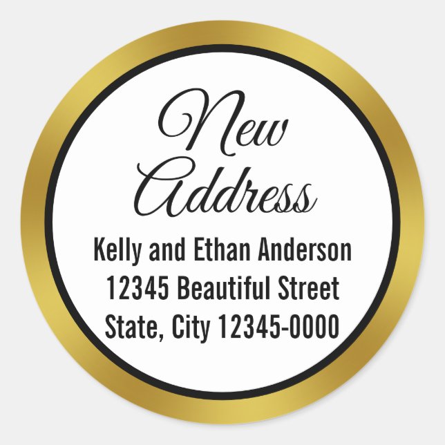 Sticker Rond Nouvelle adresse Black White Gold Elegant Script M (Devant)