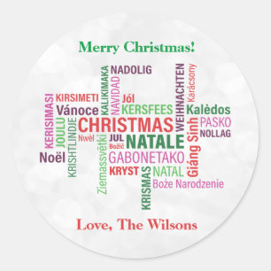Sticker Rond Nuage de mots de Noël dans différentes langues Per