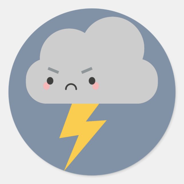 Sticker Rond Nuage de tonnerre et de foudre de Kawaii (Devant)