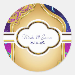 Sticker Rond Nuit arabe de lune bleue Glam or mariage violet