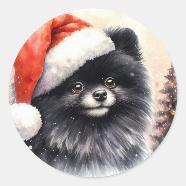 Sticker Rond Nuit d'Aquarelle Poméranienne Noire (Devant)