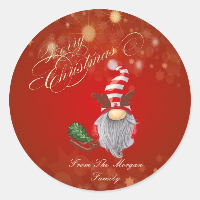 Sticker Rond Nuit de Noël Gnome Pine Tree Sleigh (Devant)