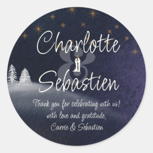 Sticker Rond Nuit d'hiver & Pine Tree Moderne Aquarelle Mariage