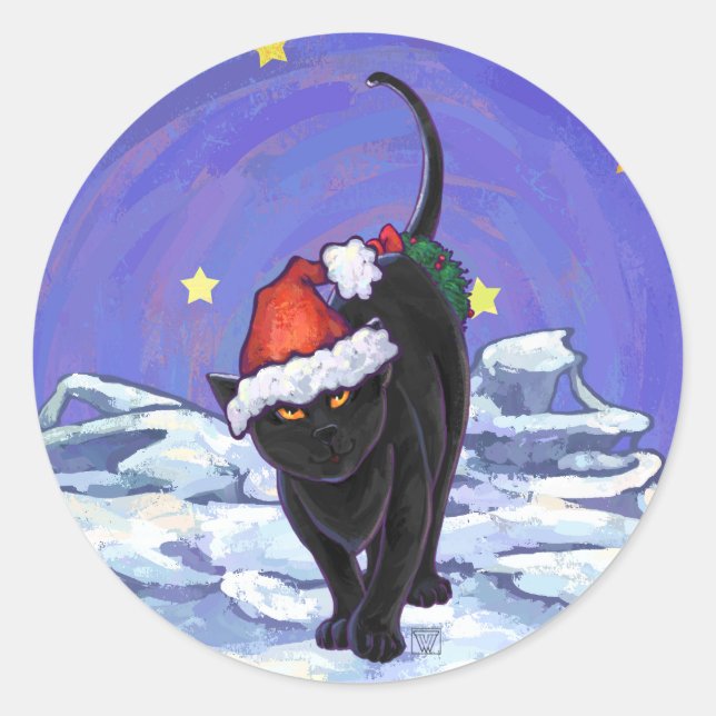 Sticker Rond Nuit étoile Noir Chat Noël (Devant)