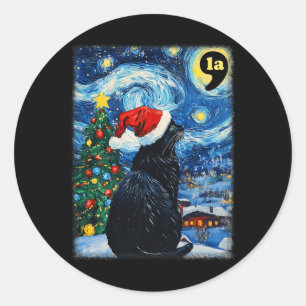 Sticker Rond Nuit étoilée Noir Cat Comma La Kamala H