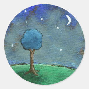 Sticker Rond Nuit étoilée, Paysage Abstrait Arbre Étoiles Lune