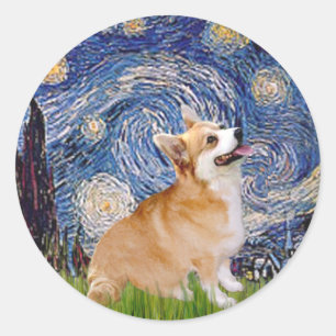 Sticker Rond Nuit étoilée - Pembroke Welsh Corgi 7b