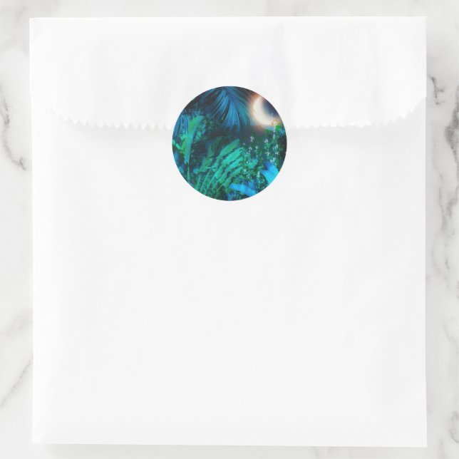 Sticker Rond Nuit Lune Tropical Jungle Feuilles Silver Blue (Sac)
