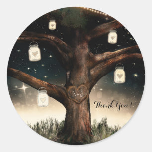Sticker Rond Nuit Rustique Arbre avec Lumières et Mariage à Pot