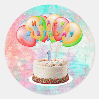 Sticker Rond Numéro 1 Bougie sur gâteau, Joyeux anniversaire, C