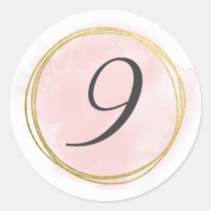 Sticker Rond Numéro 9 Monogramme Rose Pâle Aquarelle Or