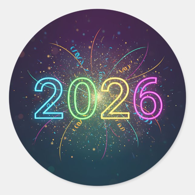 Sticker Rond Numéros de néon 2026 brillants avec confettis et f (Devant)