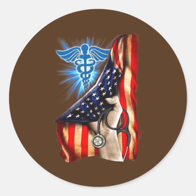 Sticker Rond Nurse Caduceus Symbol Medical American Flag Hand (Devant)