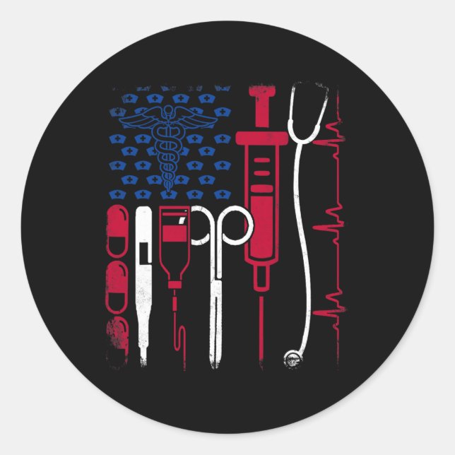 Sticker Rond Nurse Tool American Flag Pride 4 juillet Fière N (Devant)