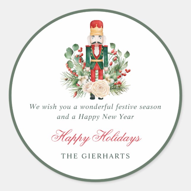 Sticker Rond Nutcracker and Greenery Happy Holidays Christmas (Devant)