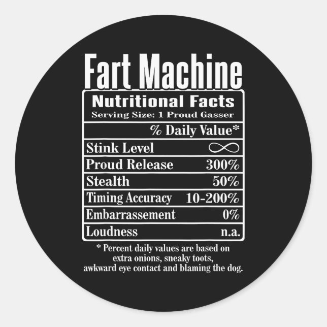 Sticker Rond Nutrion Facts Fart Machine Dad Jokes Funny Farting (Devant)