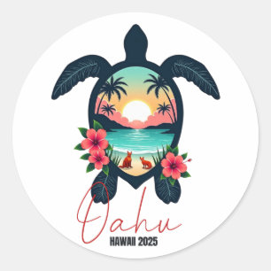 Sticker Rond Oahu Hawaii 2025 Famille de tortues vacances été
