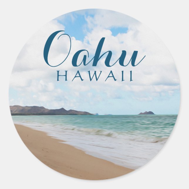 Sticker Rond Oahu Hawaii Ocean Waves & Beach (Devant)