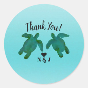 Sticker Rond Océan Aquarelle Bleu Vert 2 Tortues Marines