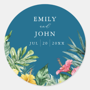 Sticker Rond Océan Bleu Fleurs tropicales Mariage Faveur