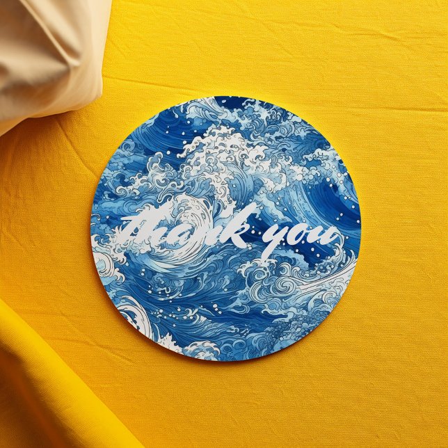 Sticker Rond Océan bleu vagues déferlantes merci (Classic round stickers featuring a beautiful blue wave design.)