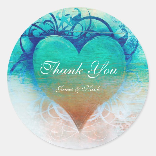 Sticker Rond Ocean Blue Heart Grunge Plage tropicale Favoriser (Devant)