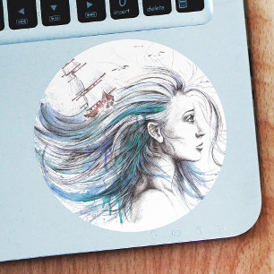 Sticker Rond Ocean girl Naureal Watercolor art